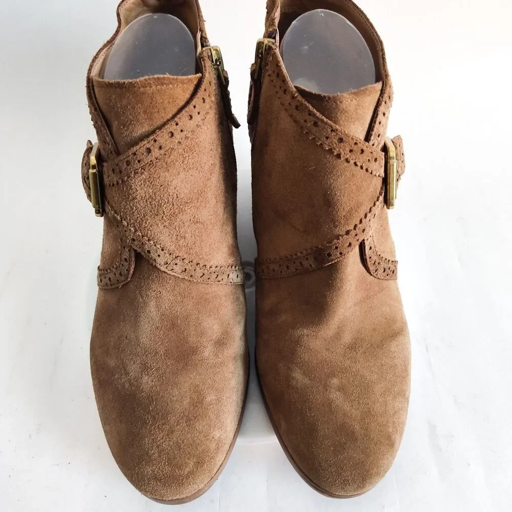 Franco Sarto Boots‎ Womens 10 Arielle Zip Wedge Ankle Booties Camel Tan Suede